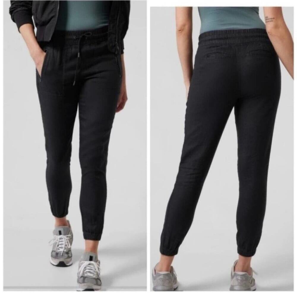 Athleta Pants Womens 10 Black Cabo Linen Jogger Tapered Travel Casual Sporty
